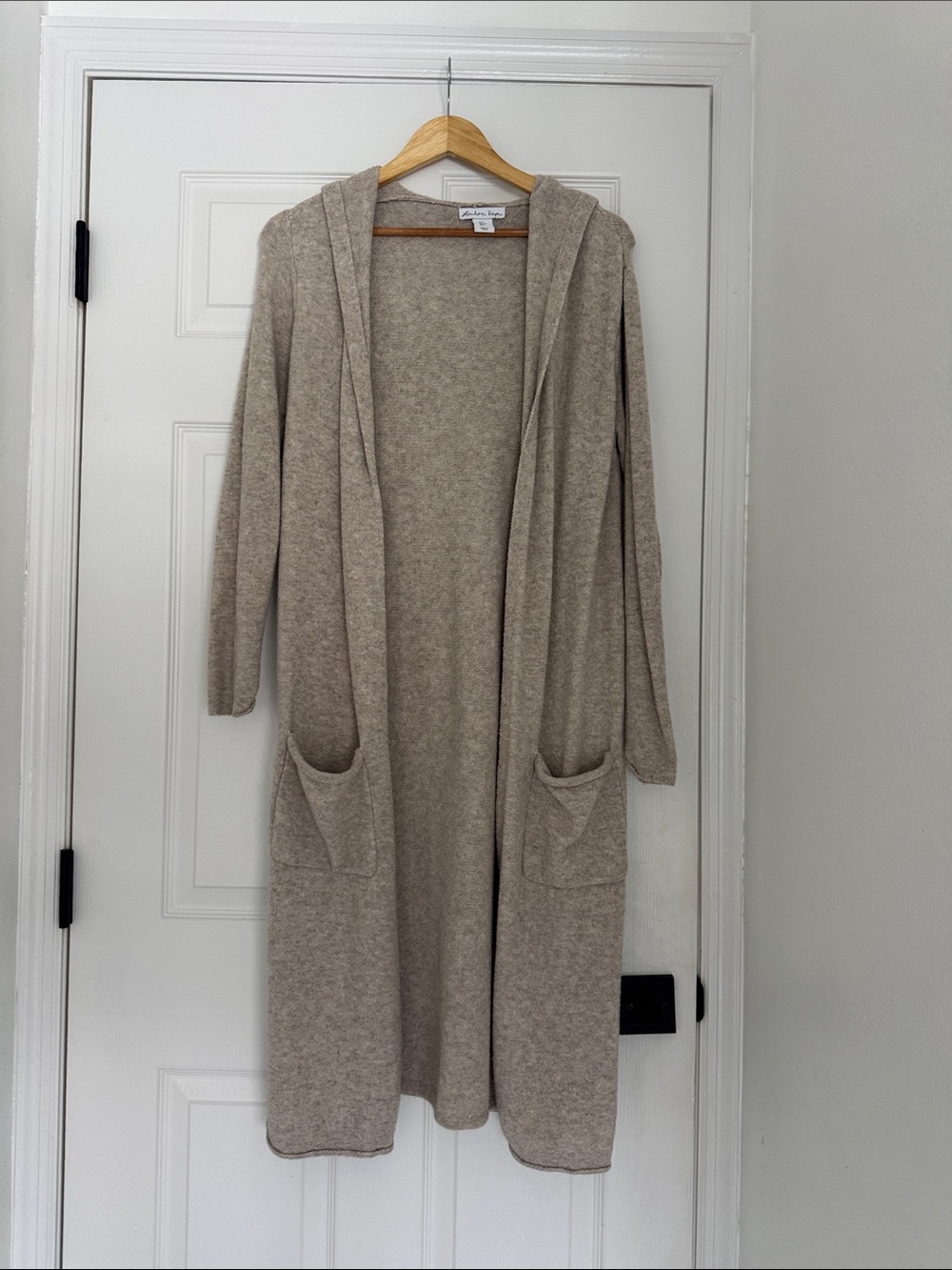 Long Hooded Open-Front Cardigan in Light Taupe